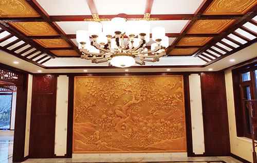 运粮湖管理区中式别墅客厅中式木作横梁吊顶装饰展示